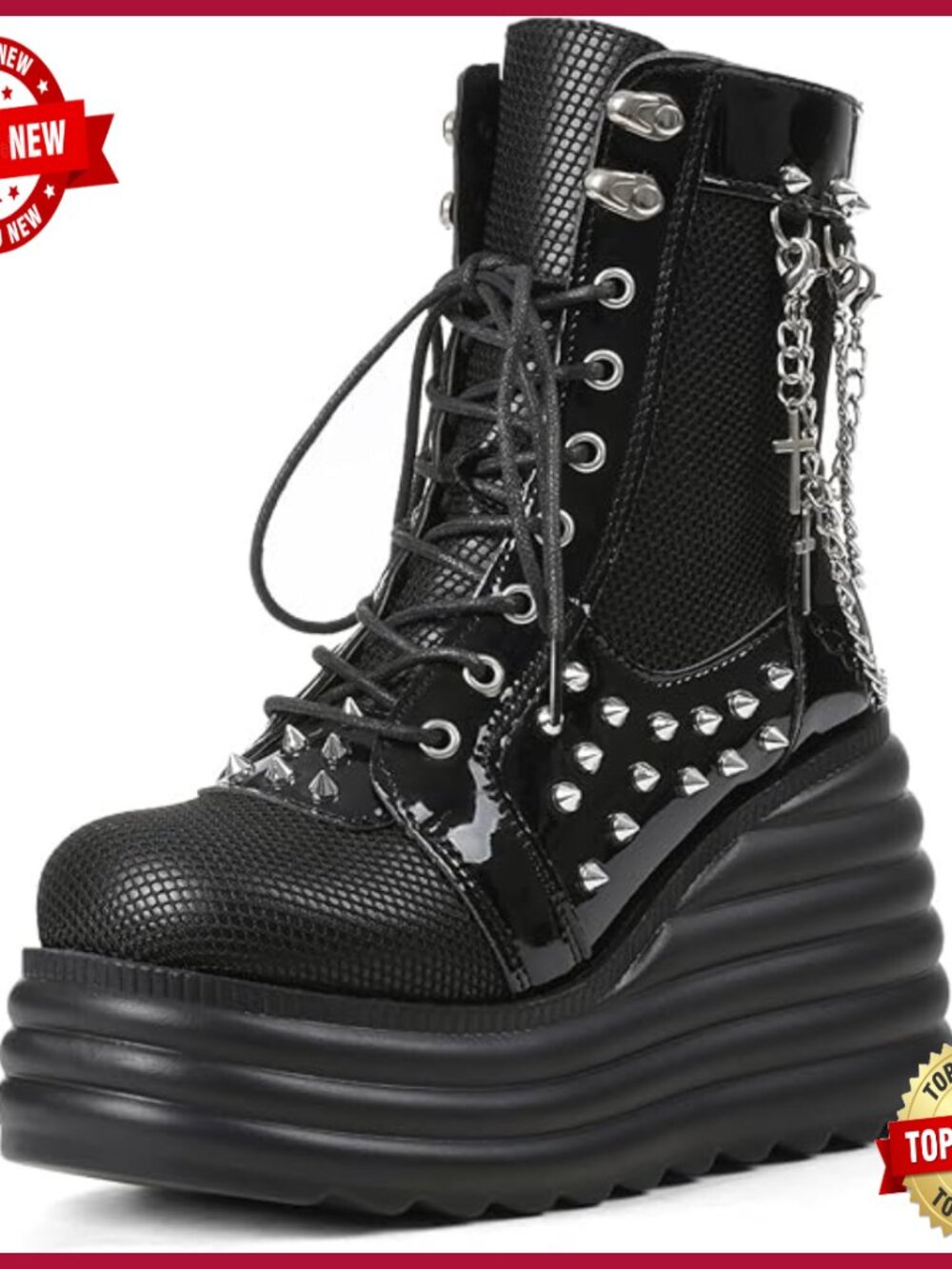 Platform Combat Boots with Punk Chains Studs Lace Up Wedge Ankle Boots